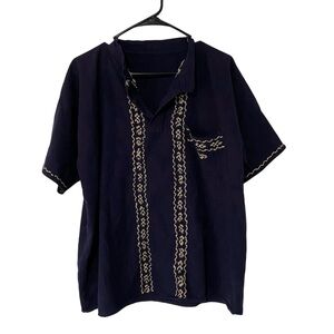 Men’s Hand Stitched Embroidered Navy Blue Vacation Cabana Top
